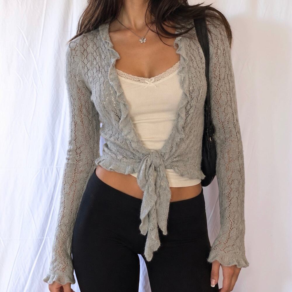 Vintage Y2K Express Design Studio Angora Pointelle Tie Cardigan Small
